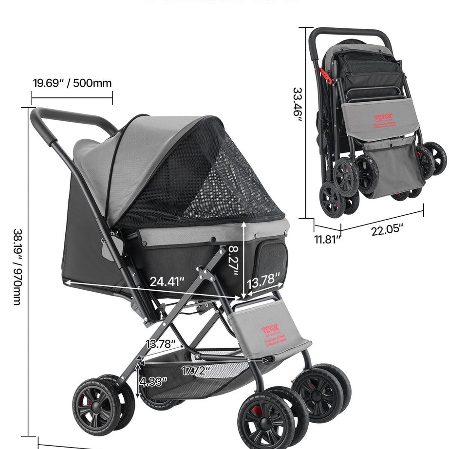 Pet Stroller Foldable 4 Wheels Travel Dog Reversible Handle Up