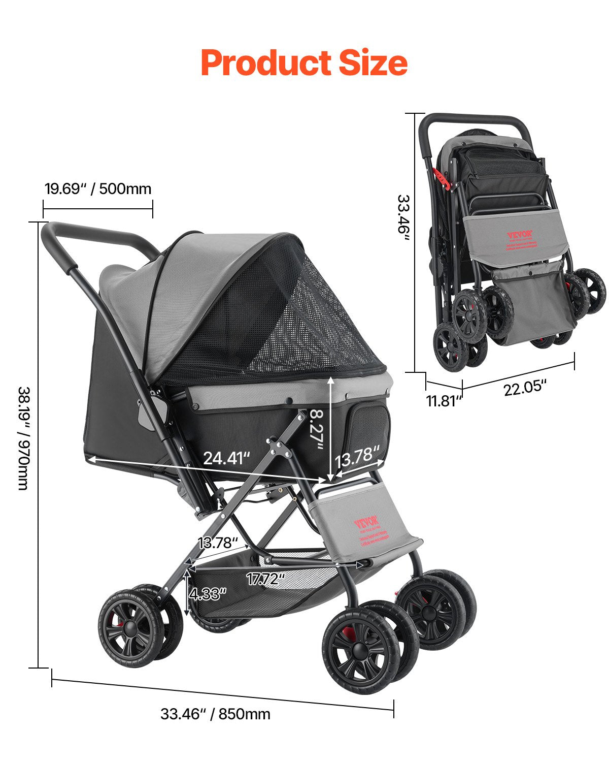 Pet Stroller Foldable 4 Wheels Travel Dog Reversible Handle Up