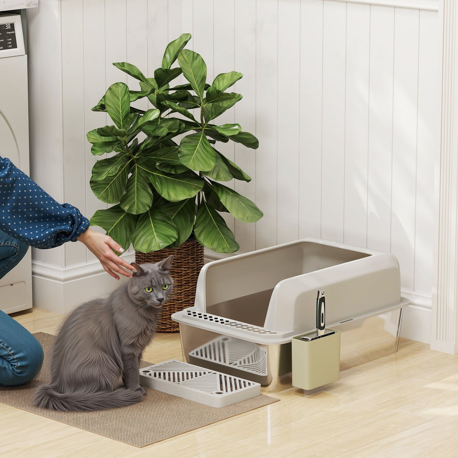 Stainless Steel Litter Box With Metal Scoop Holder High Sided