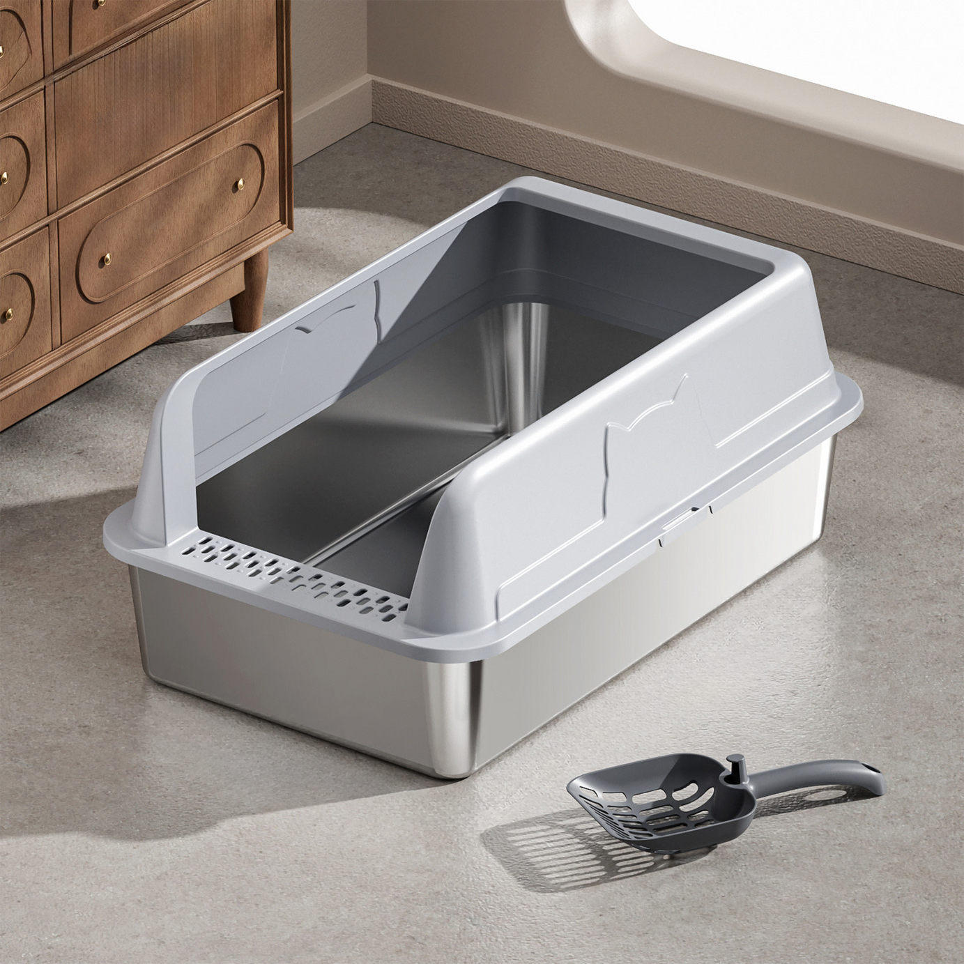 Stainless Steel Cat Litter Box For Cats High-sided Design Prevents