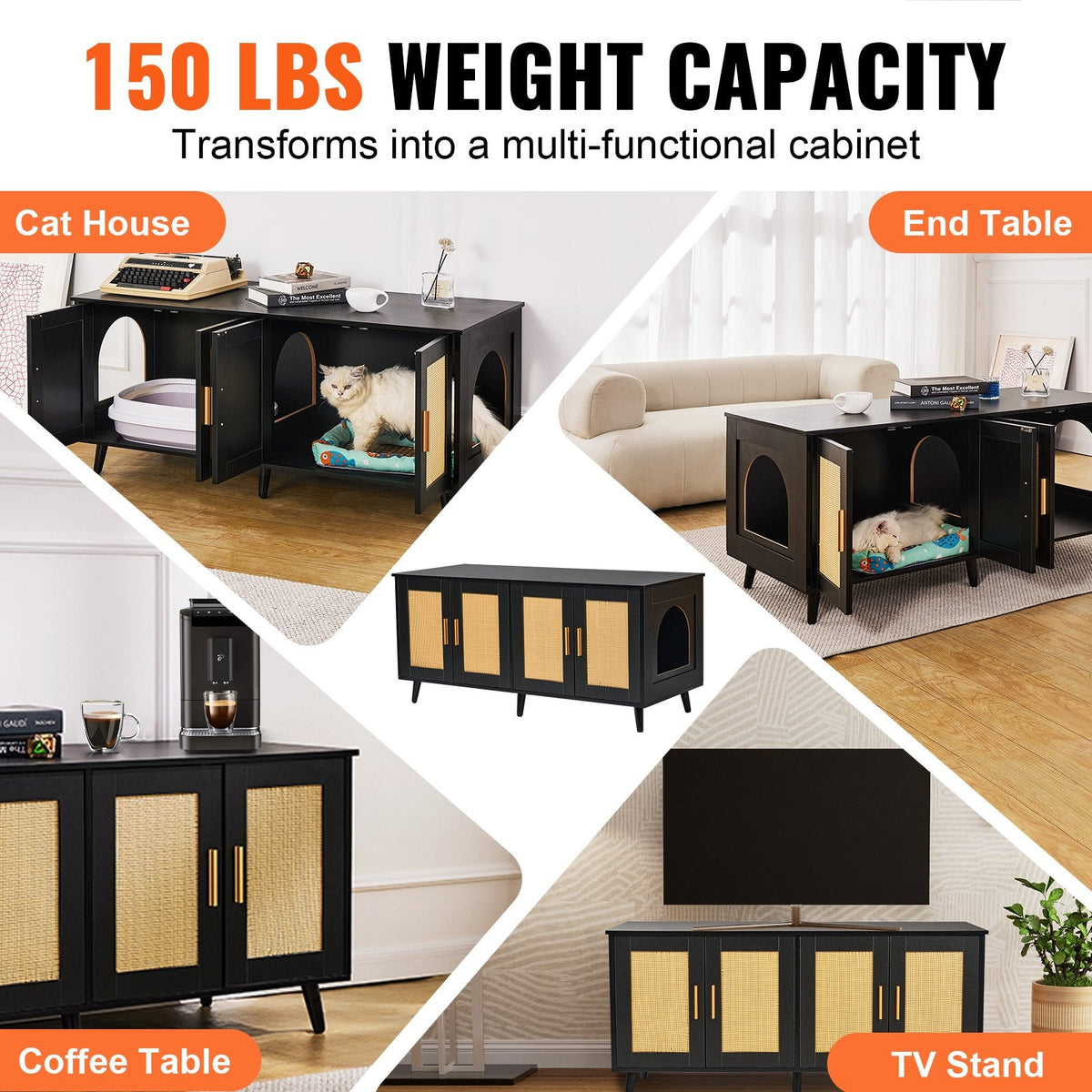 Cat Litter Box Enclosure Wooden Furniture Hidden 2 Rooms Black