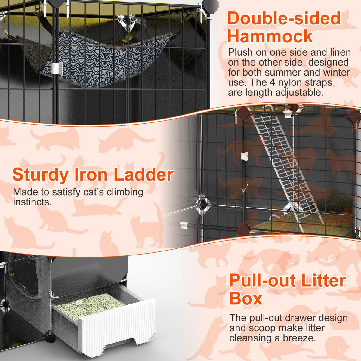 3 Tier Cat Cage Indoor With Litter Box Hammock Detachable Metal