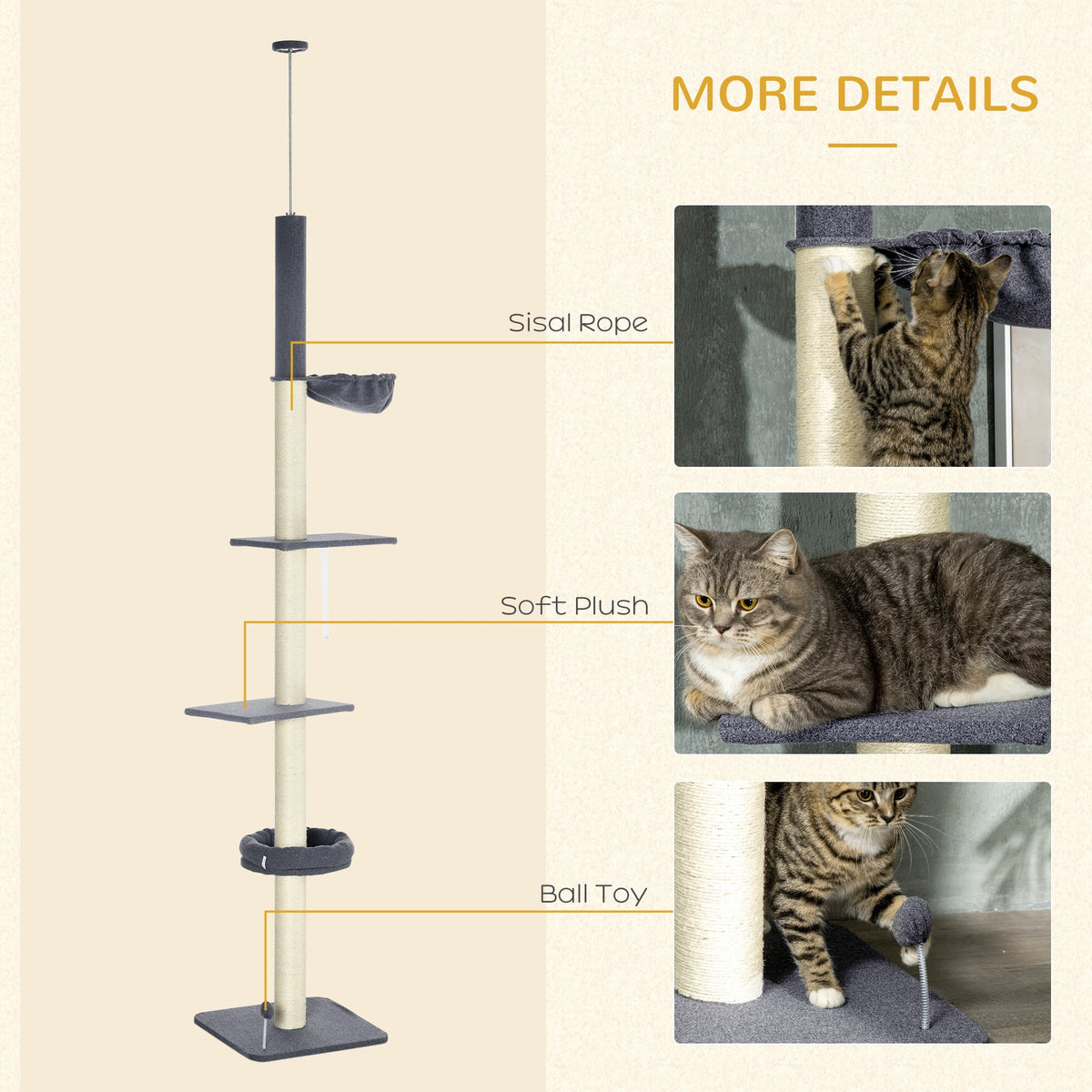 Floor To Ceiling Cat Tree 5-tier Climbing Tower 95-106 Height