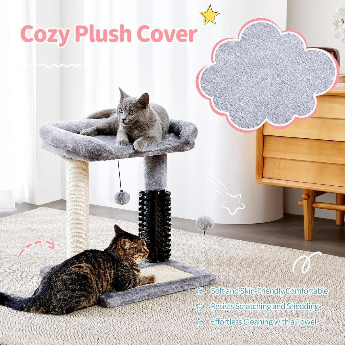 Small 4-in-1 Cat Tree Tower With Self-grooming Brush And Natural