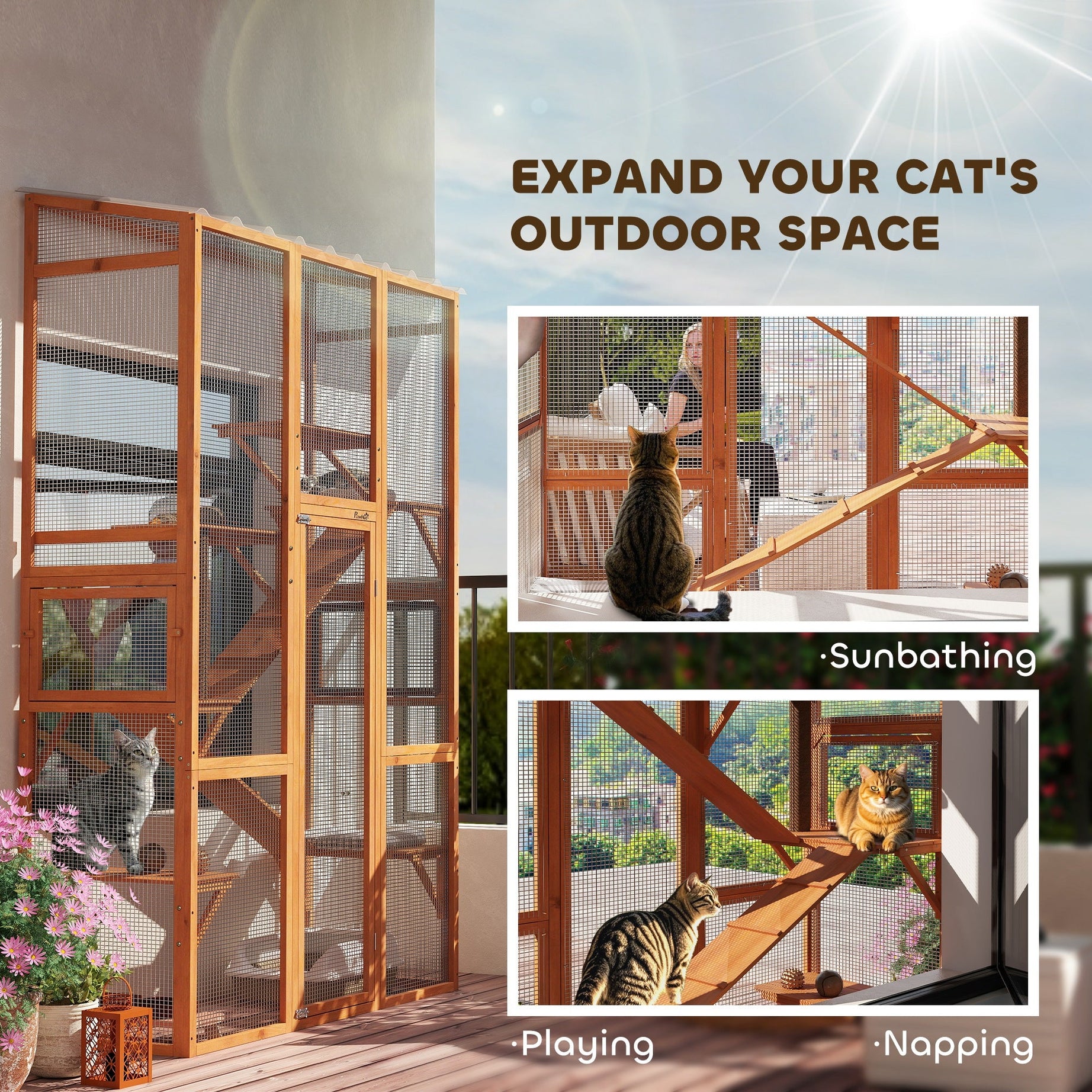 Outdoor Catio Cat Enclosure Large Wooden House With 6 Jumping