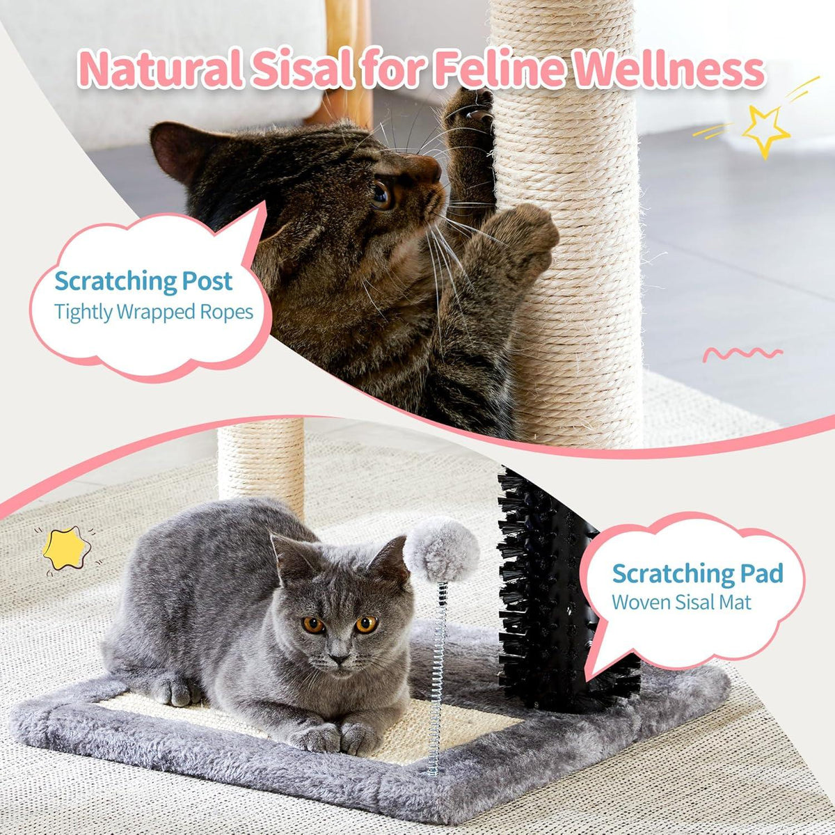 Small 4-in-1 Cat Tree Tower With Self-grooming Brush And Natural