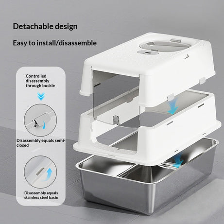 Stainless Steel Cat Litter Box With Flip Top Cover Closed Design
