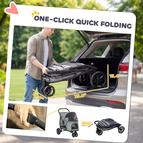 3 Wheel Pet Stroller With Easy One-click Quick Fold Mesh Window