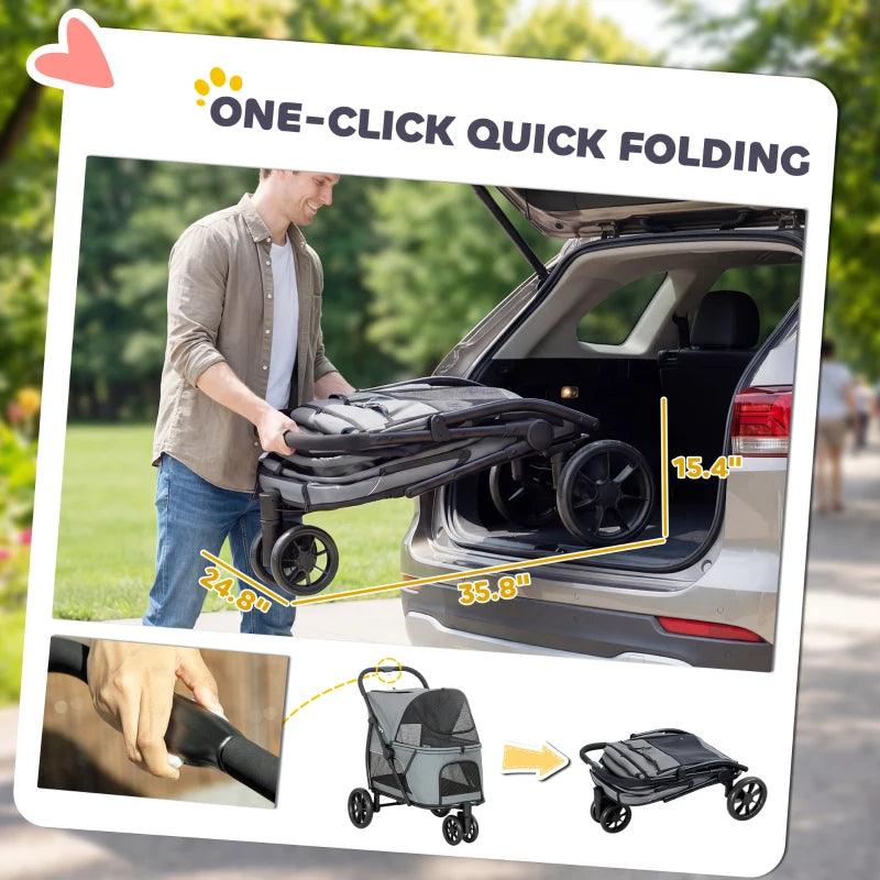 3 Wheel Pet Stroller With Easy One-click Quick Fold Mesh Window