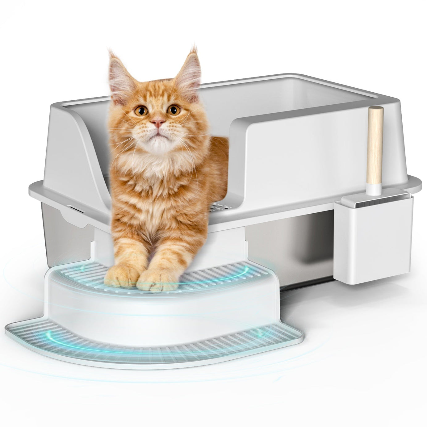 30l Semi Enclosed Cat Litter Box With Footboard And Scoop Stainless