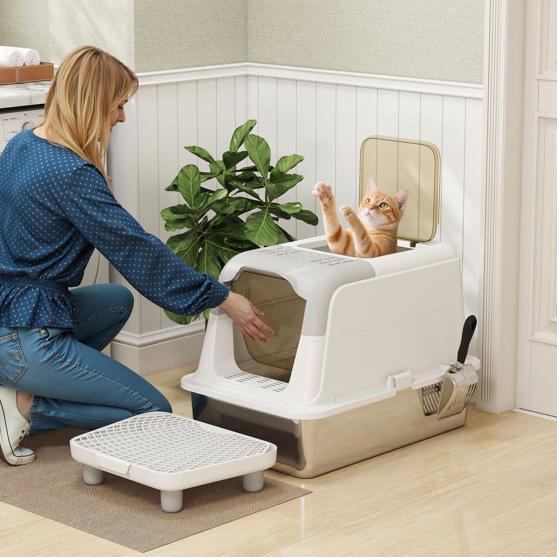 Extra Large Stainless Steel Litter Box Enclosed Cat With Scoop