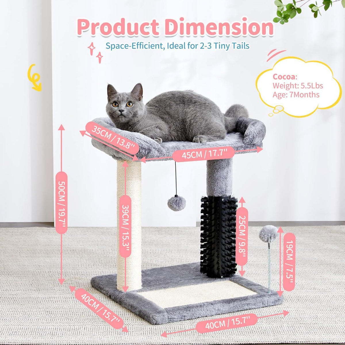 Small 4-in-1 Cat Tree Tower With Self-grooming Brush And Natural