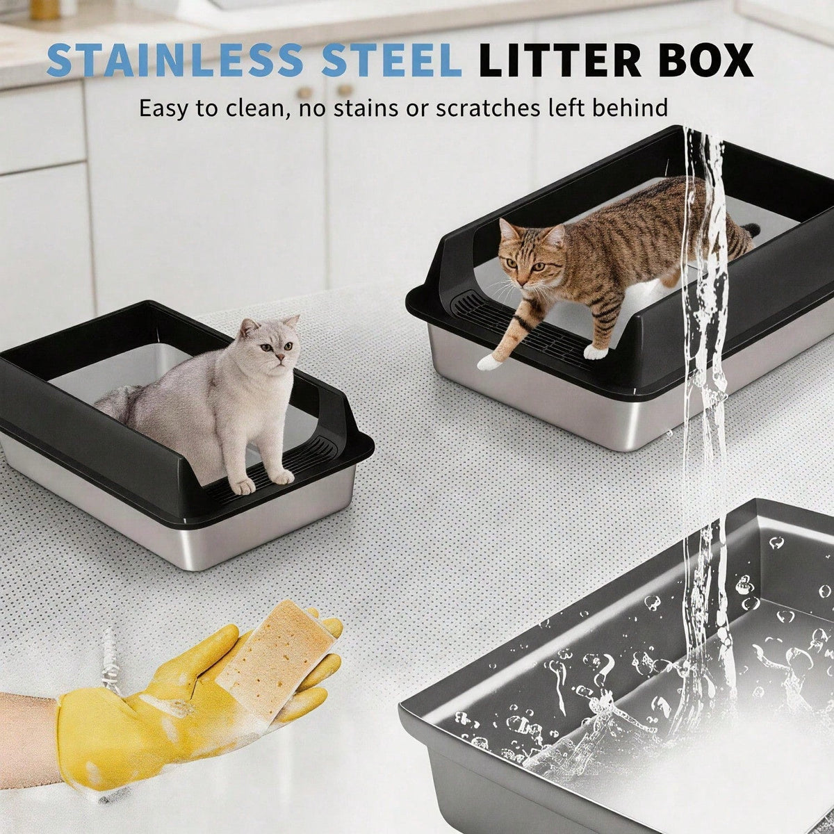 Stainless Steel Cat Litter Box Large Open Top With Anti Splash High