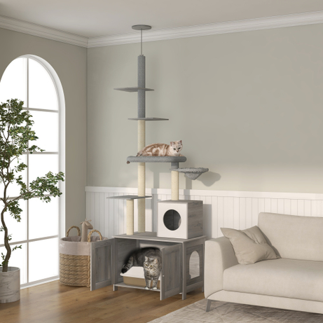 Pawhut Cat Tree With Litter Box Enclosure 2-in-1 Floor To Ceiling