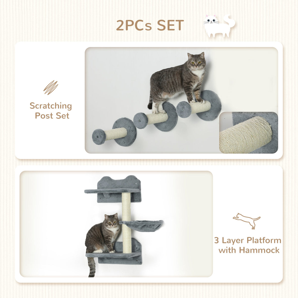 4 Piece Cat Shelf With Scratching Post Wall-mounted Tree For Indoor