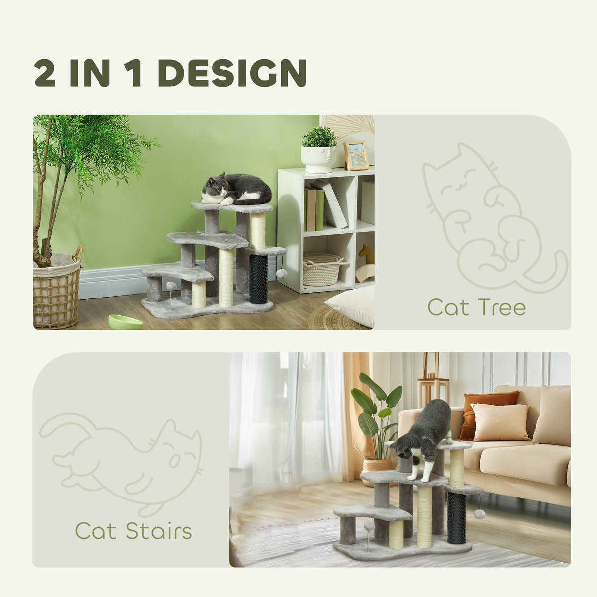 2-in-1 Cat Tree Tower 3-step Pet Stairs With Scratching Posts
