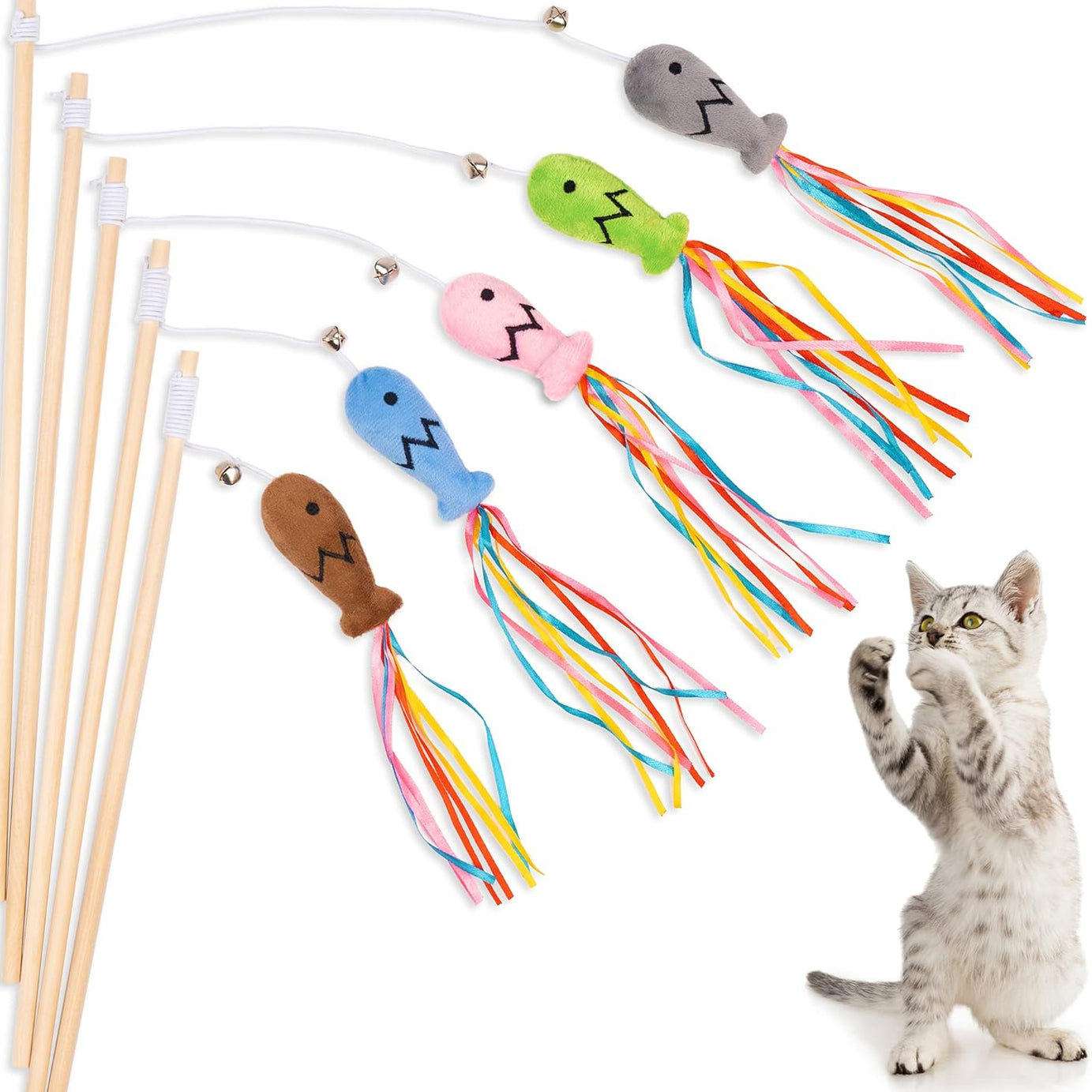 Cat Wand Toys Interactive With Catnip Fish Colorful Ribbons Bell