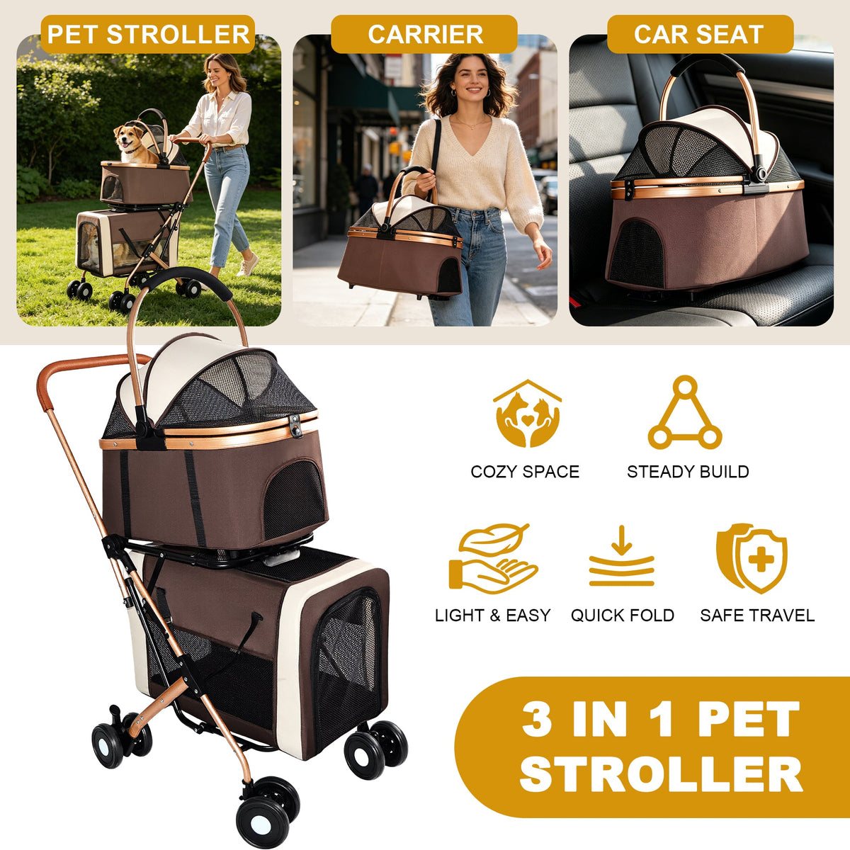 3-in-1 Double Pet Stroller For Small Medium Dogs Cats Foldable