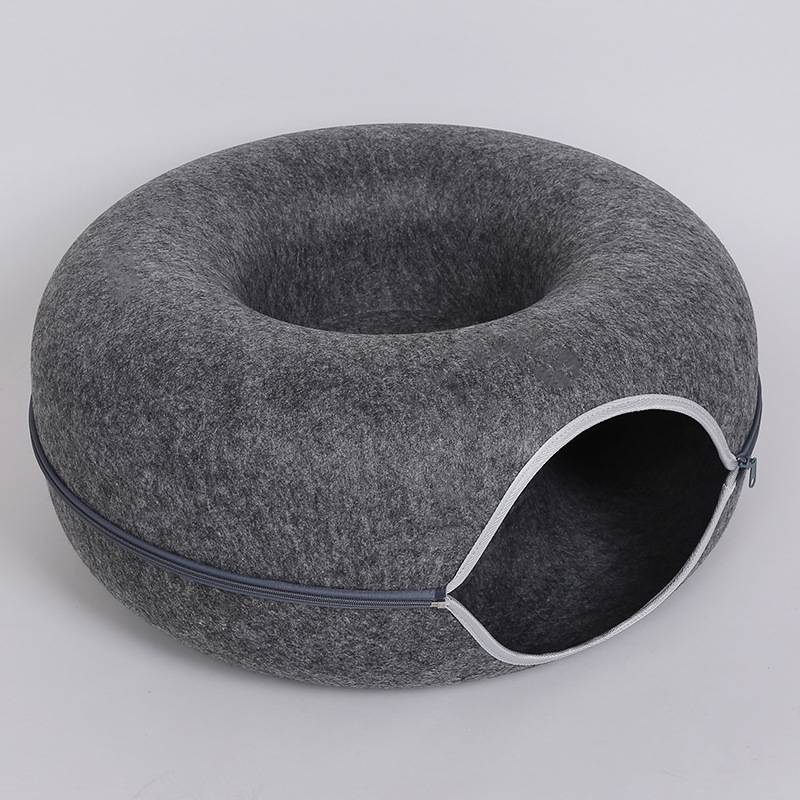 Donut Cat Tunnel Bed Pets House Natural Felt Pet Cave Interactive