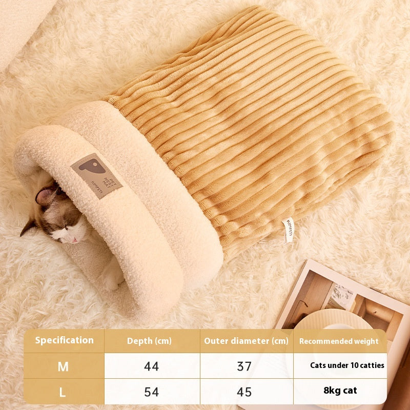 Pet Sleeping Bag Winter Warm Soft Plush Semi Enclosed Cat Nest Home