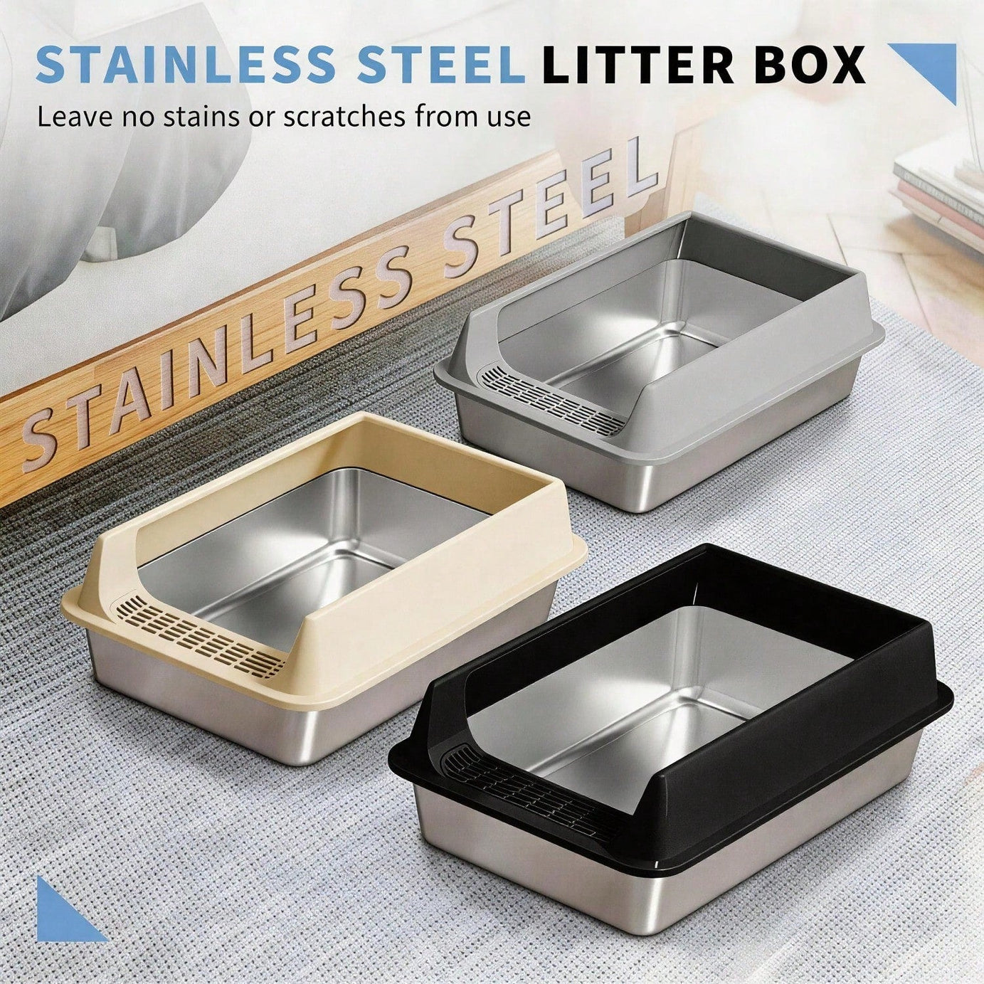 Stainless Steel Cat Litter Box Large Open Top With Anti Splash High