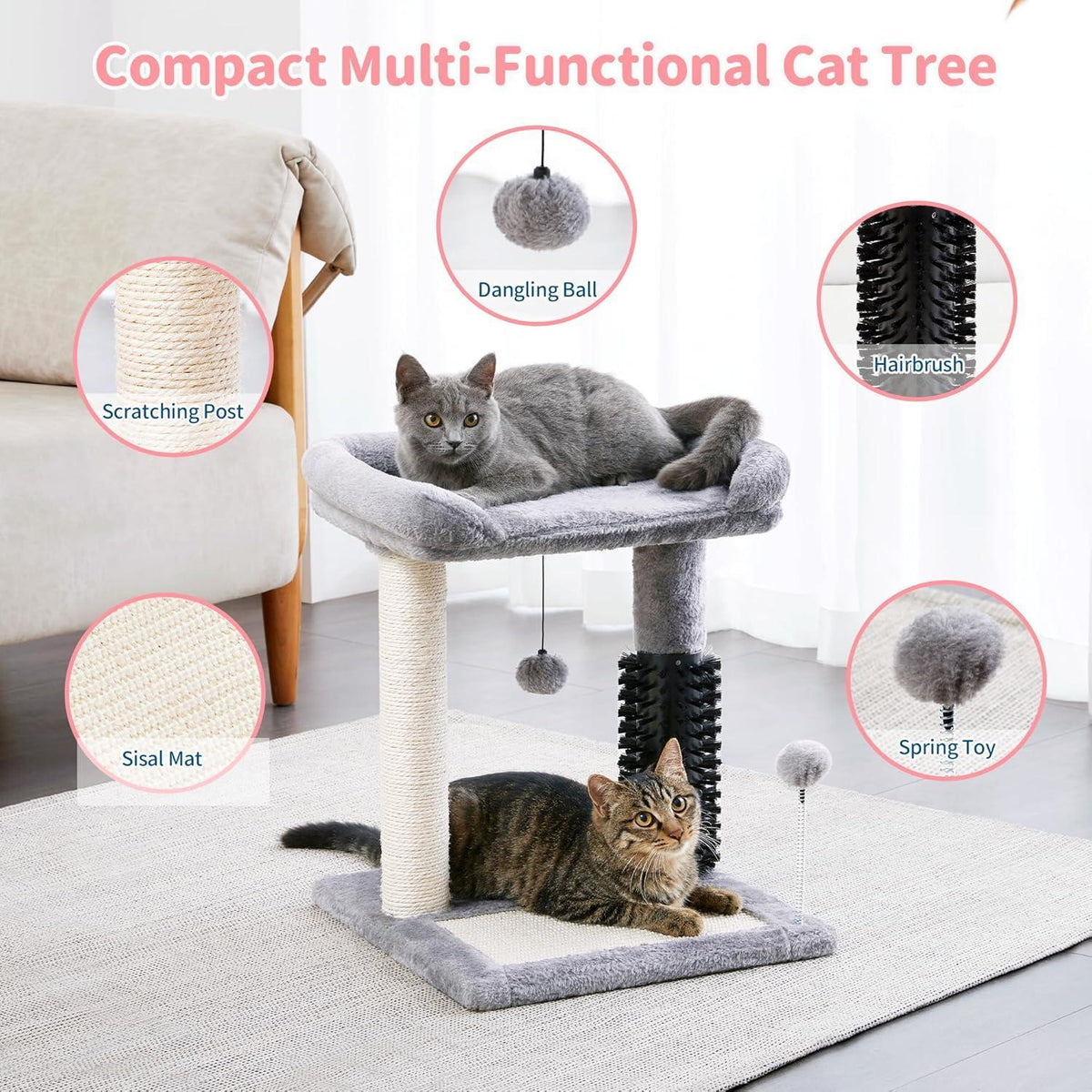 Small 4-in-1 Cat Tree Tower With Self-grooming Brush And Natural