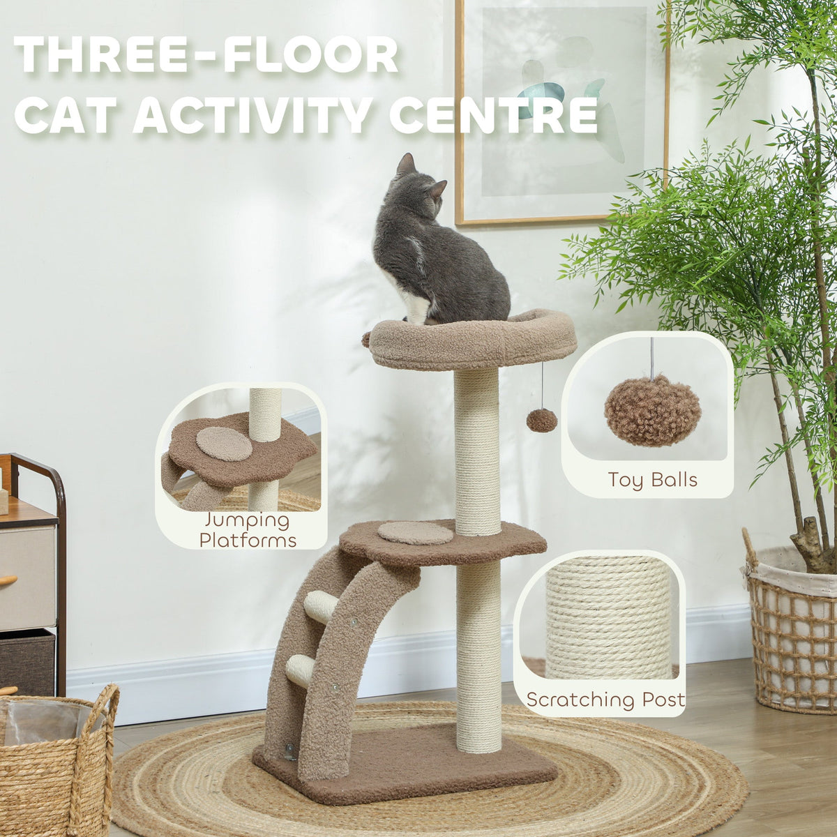 Cat Tree For Indoor Cats 88cm Tower With Sisal Scratching Post