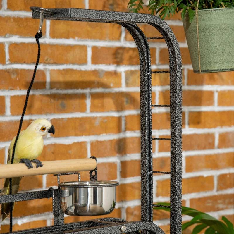 Pawhut Parrot Stand Large Bird Perch With Toy Hook 3 Ladders Wooden