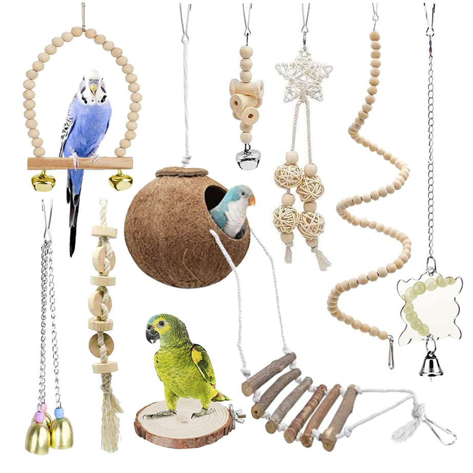 9-piece Parakeet Toys Budgie Bird Cage Accessories Set Natural Wood