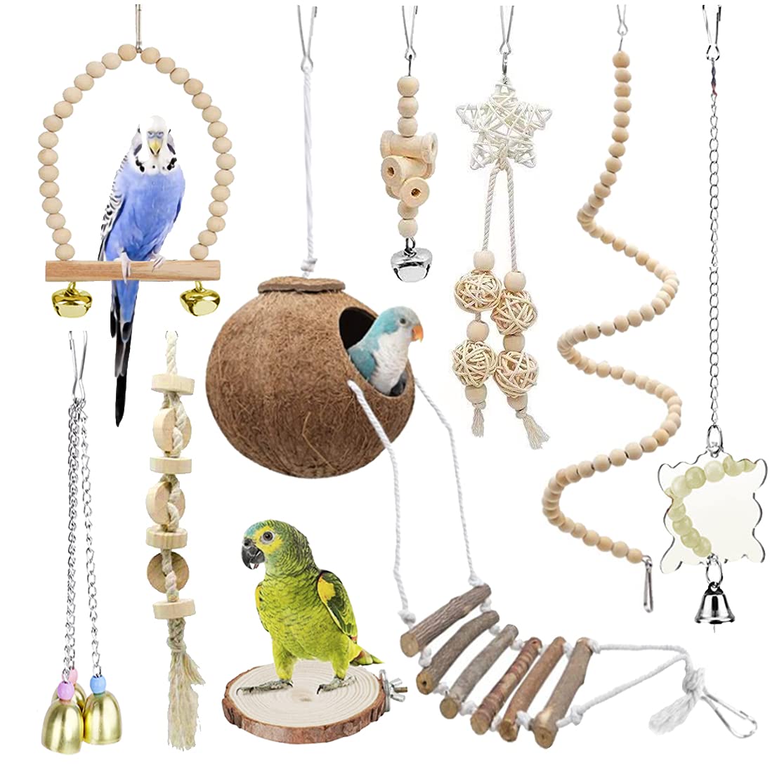 9-piece Parakeet Toys Budgie Bird Cage Accessories Set Natural Wood