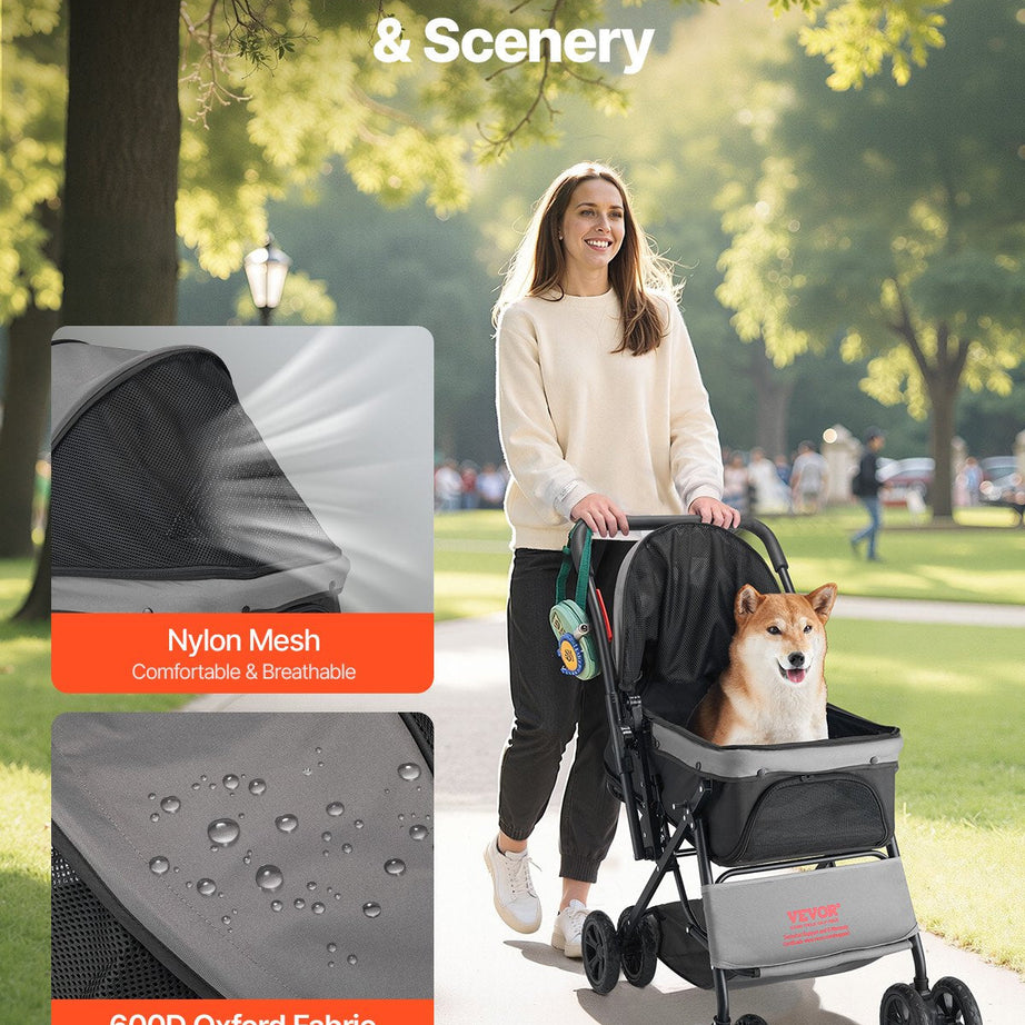 Pet Stroller Foldable 4 Wheels Travel Dog Reversible Handle Up