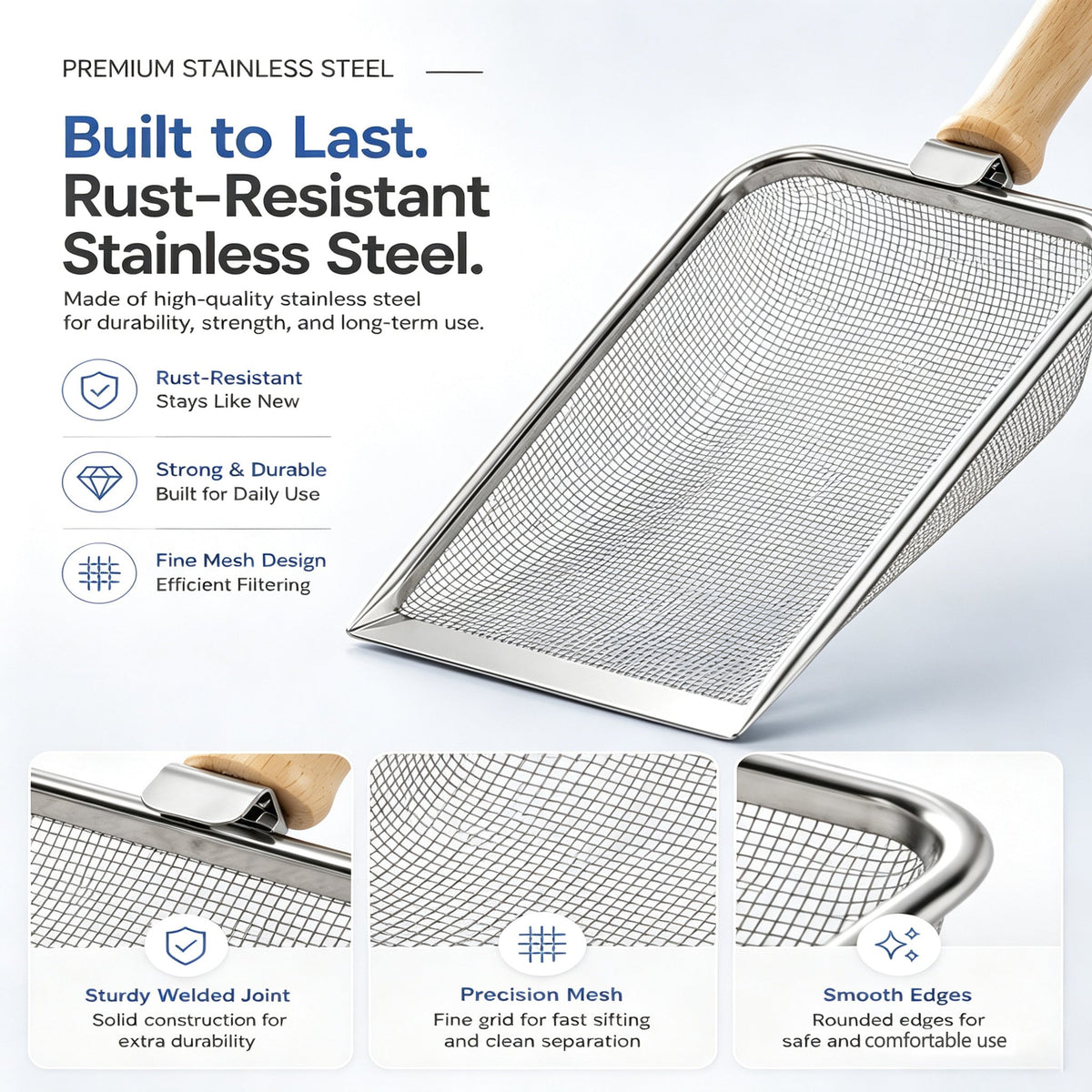 Stainless Steel Cat Litter Scoop With Fine Mesh Sifter Durable