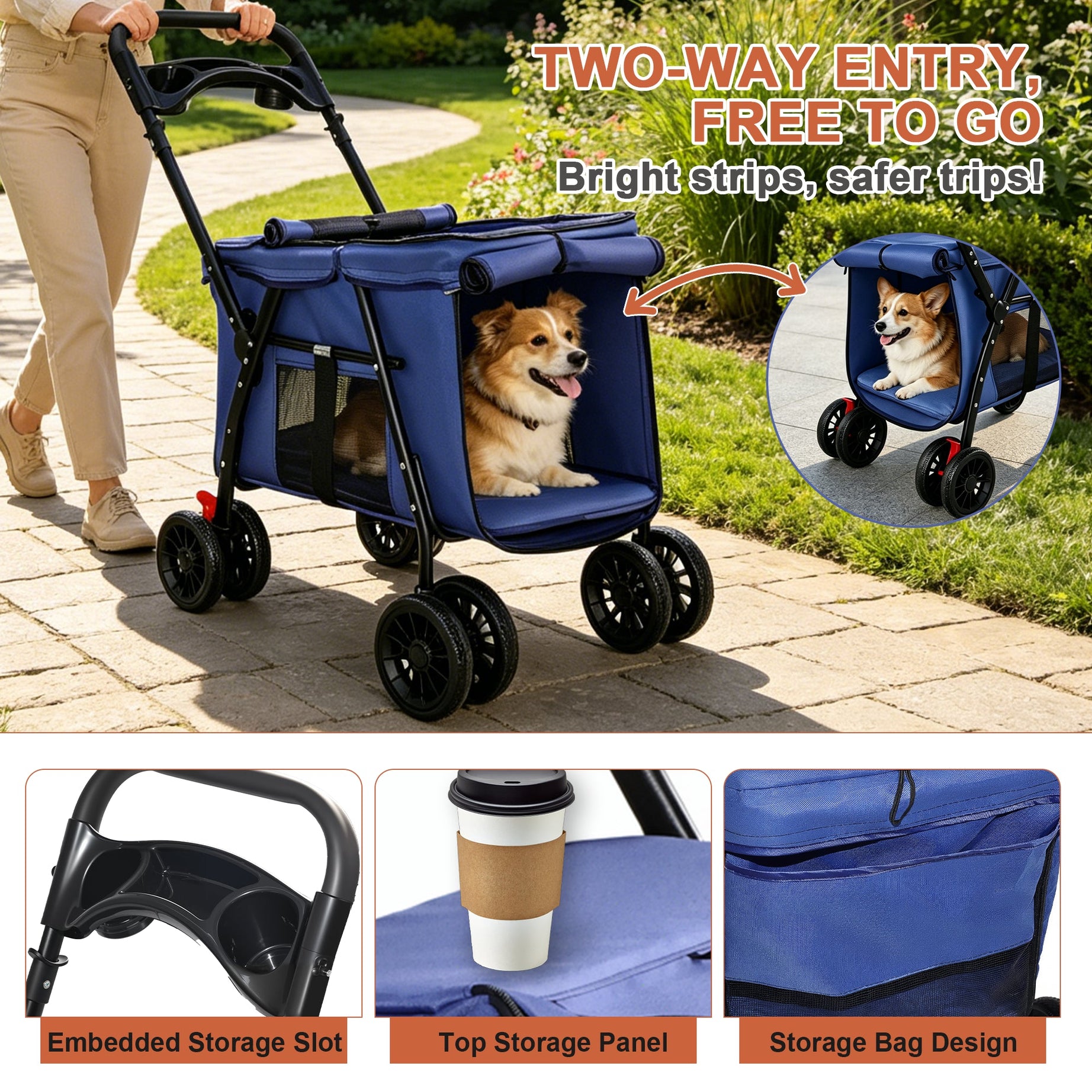 Pet Stroller Foldable 4-wheel Design Breathable Mesh Dog Cat