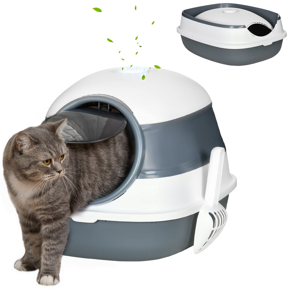 Dome Covered Cat Litter Box With Lid White And Gray