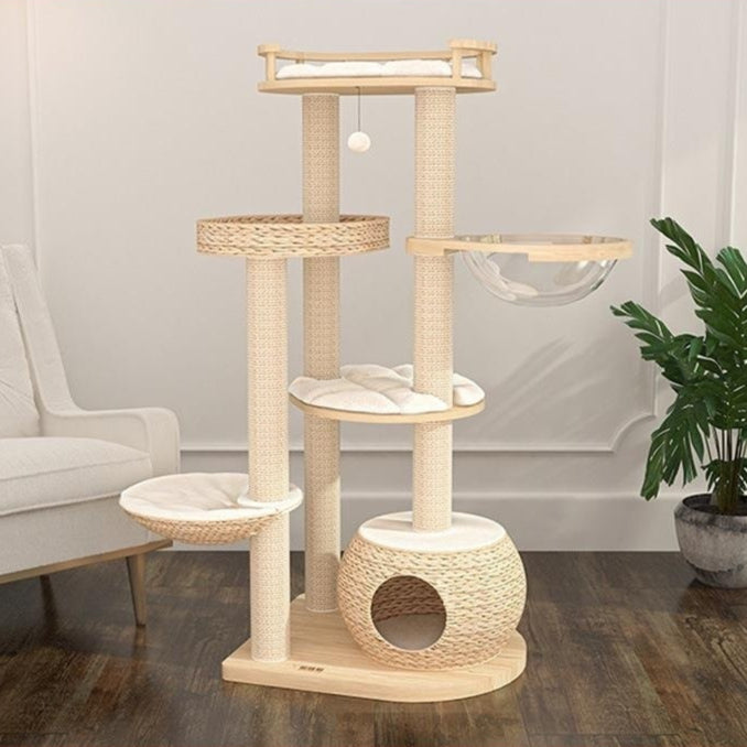 Solid Wood Cat Tree With Integrated Scratching Post And Cozy Nest