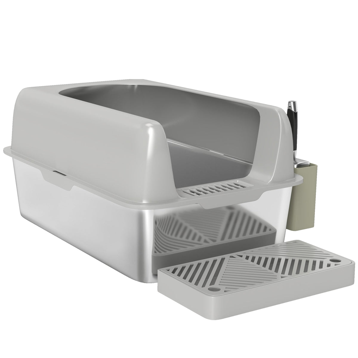 High Sided Stainless Steel Litter Box With Metal Scoop Holder