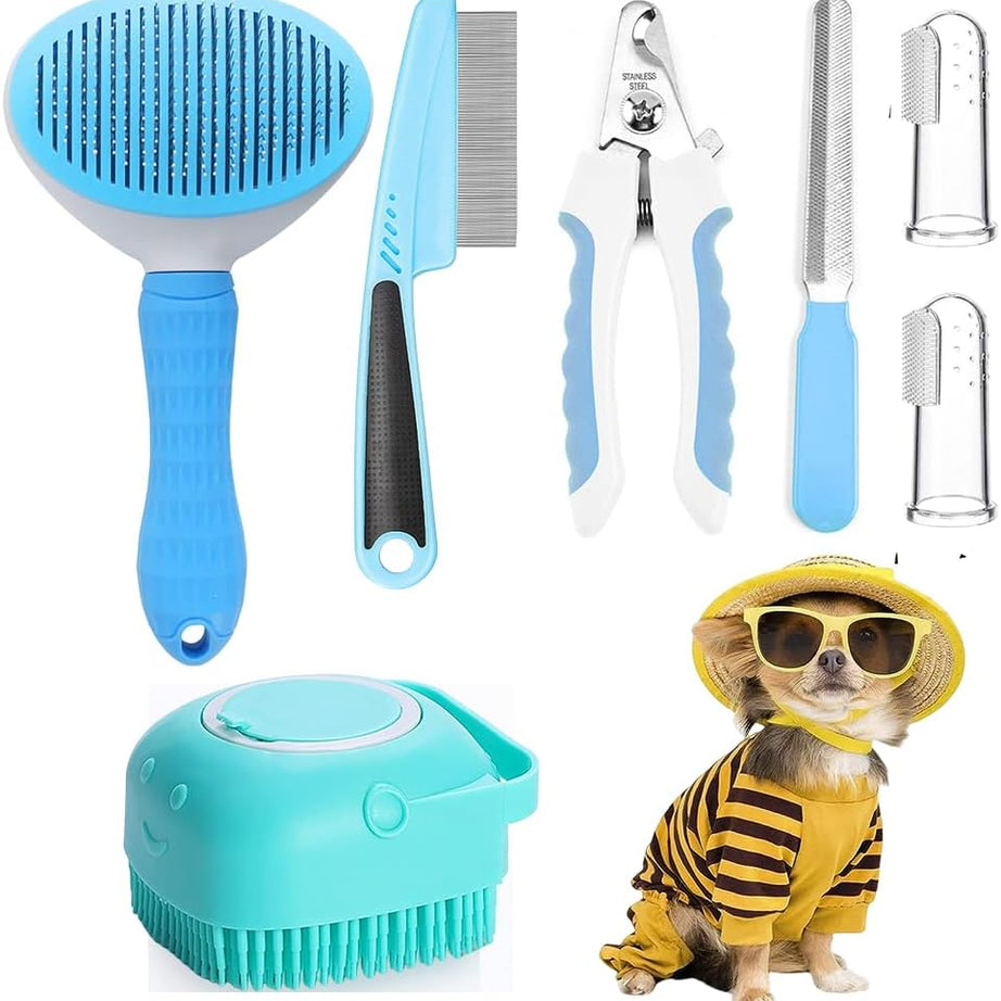 7pcs Pet Grooming Kit Self-cleaning Brush Shedding With Nail