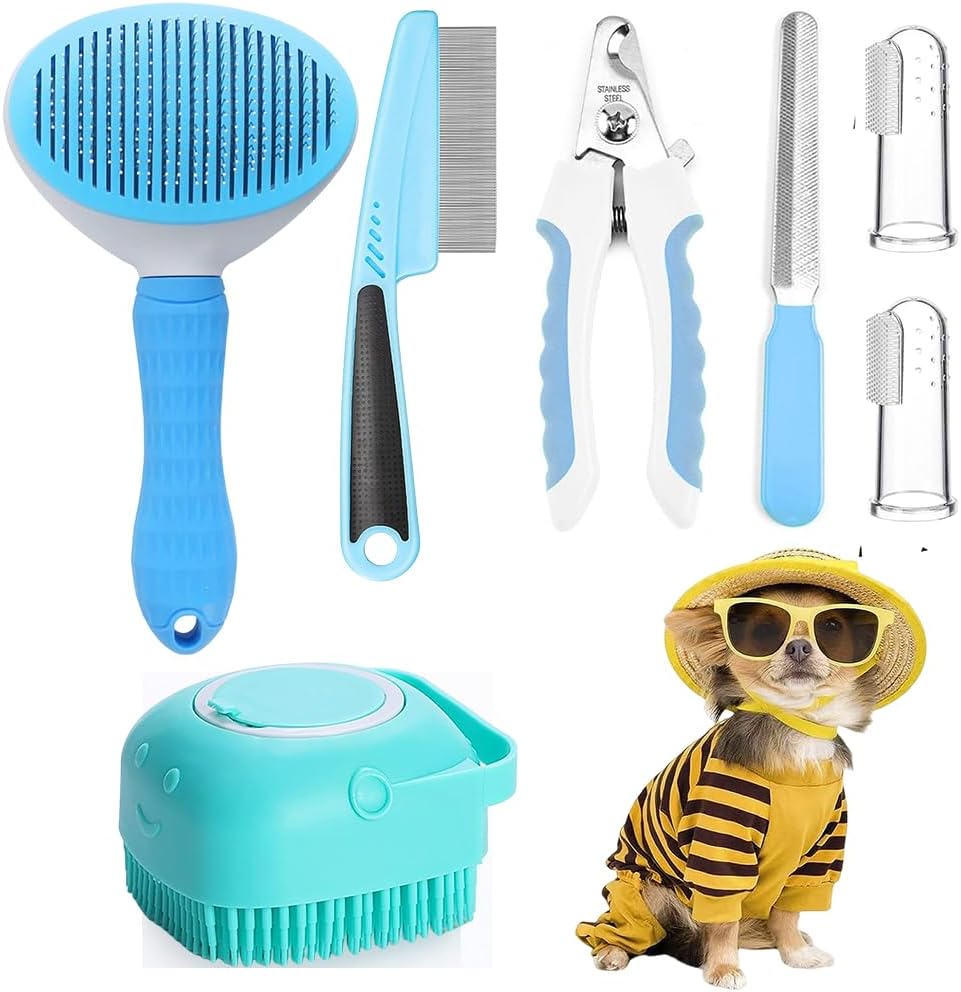 7pcs Pet Grooming Kit Self-cleaning Brush Shedding With Nail