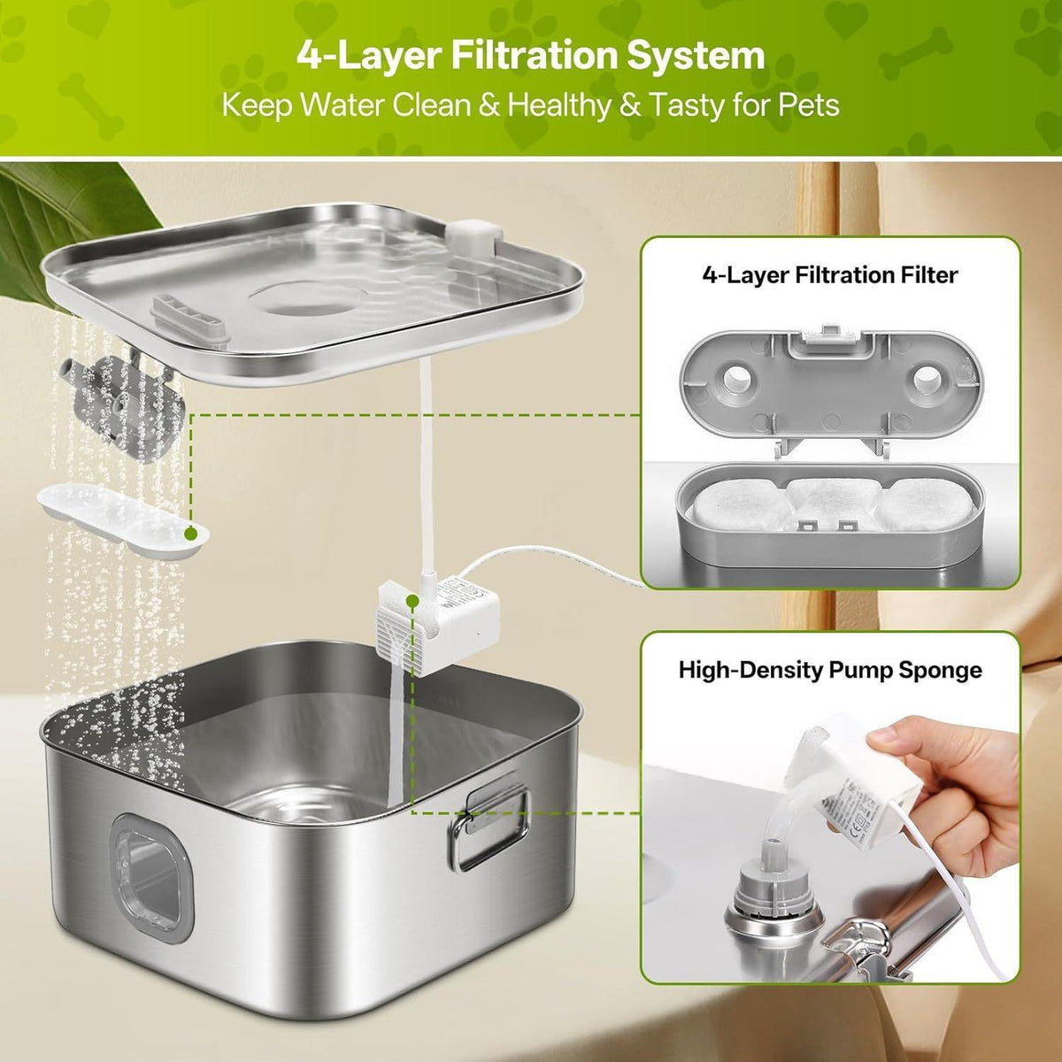Stainless Steel Pet Water Fountain Filter Cartridge Feeder