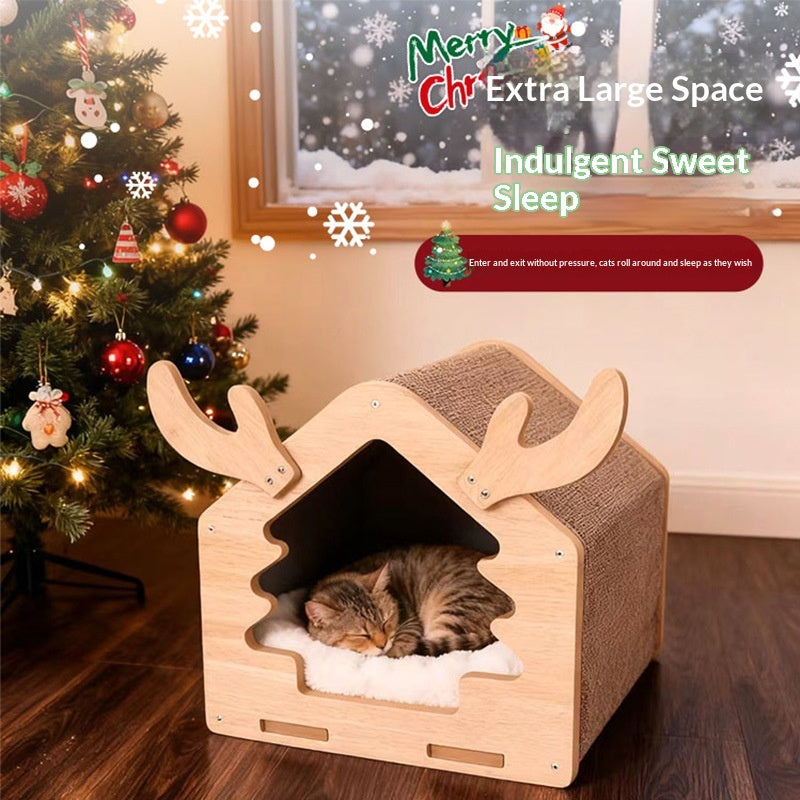 Christmas Cat House And Scratching Post Combo Winter Semi-enclosed