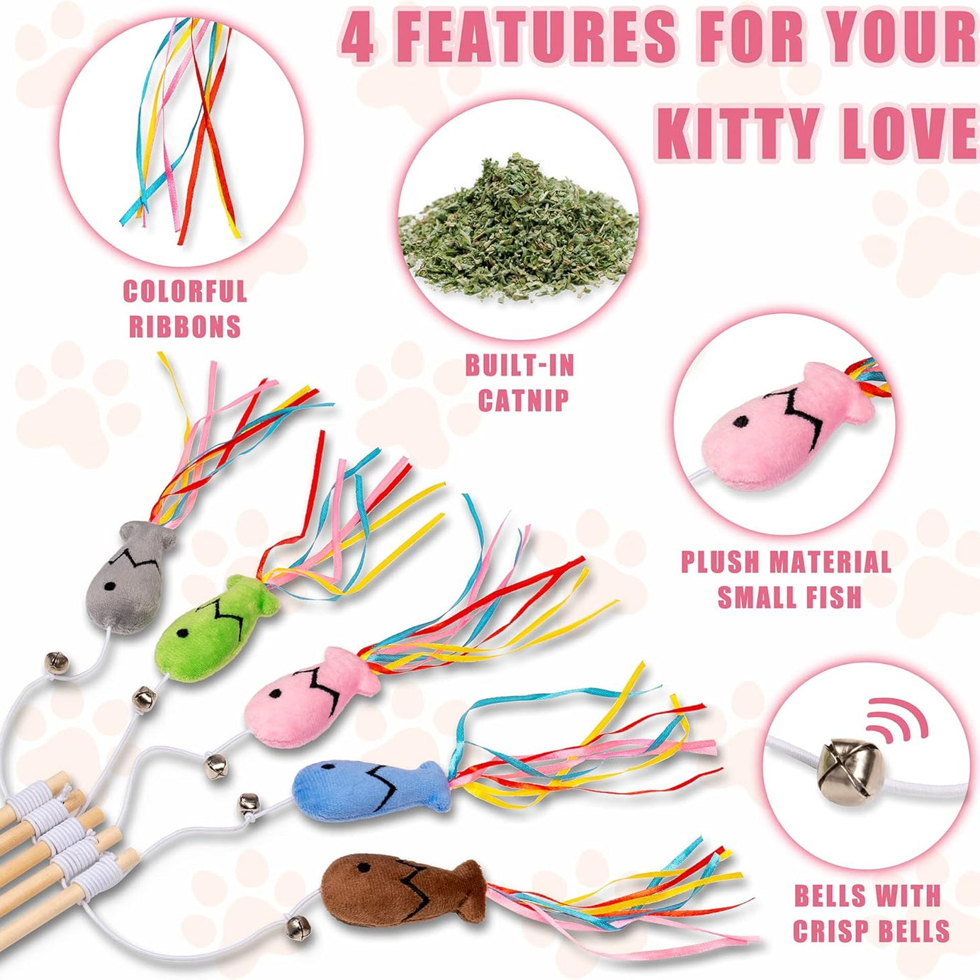 Cat Wand Toys Interactive With Catnip Fish Colorful Ribbons Bell
