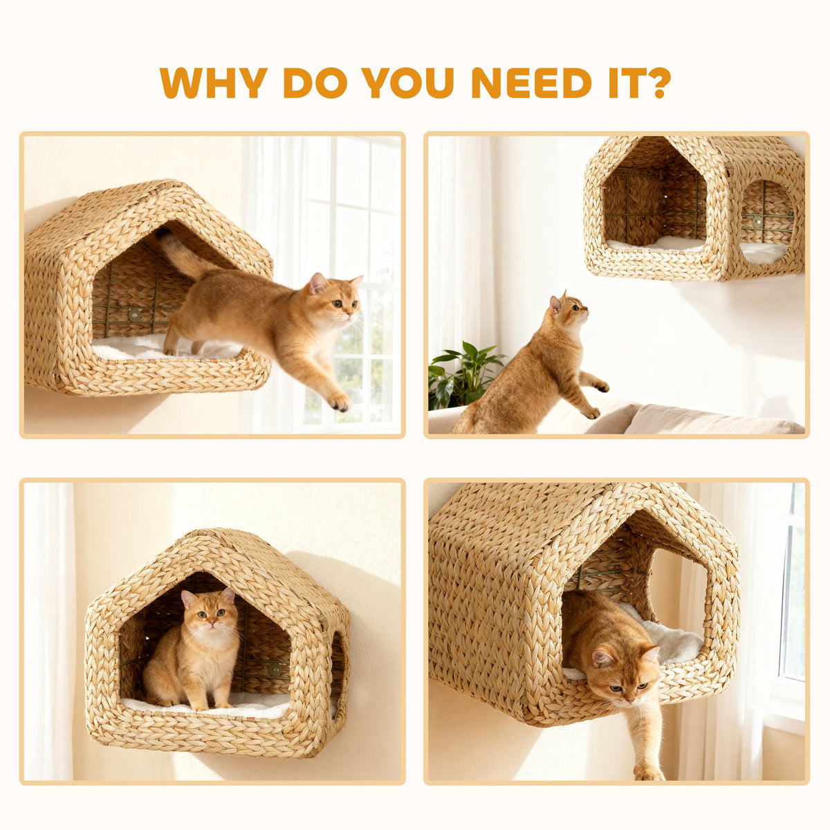 Wall Mounted Cat House Furniture Shelf With Washable Cushion Natural