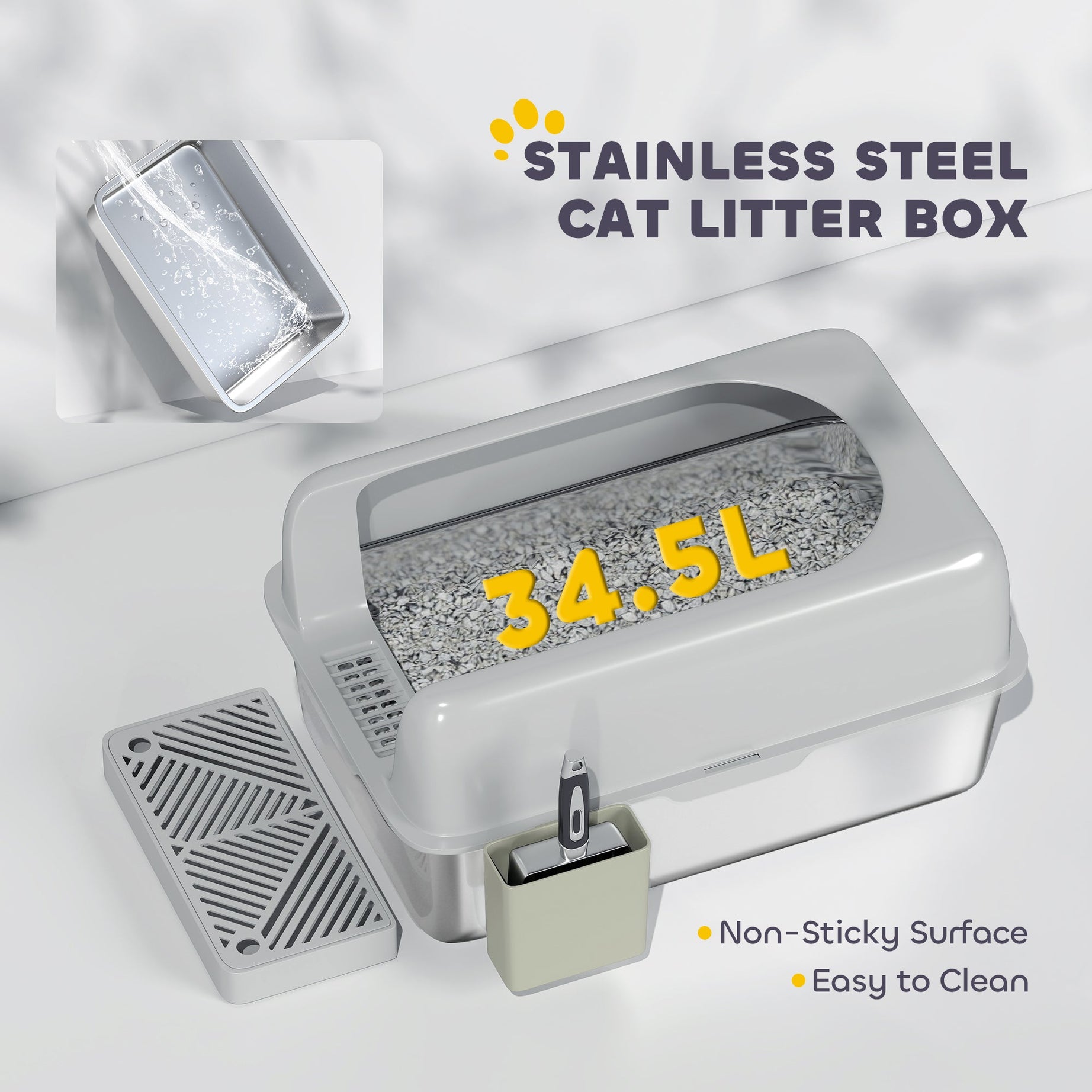 High Sided Stainless Steel Litter Box With Metal Scoop Holder
