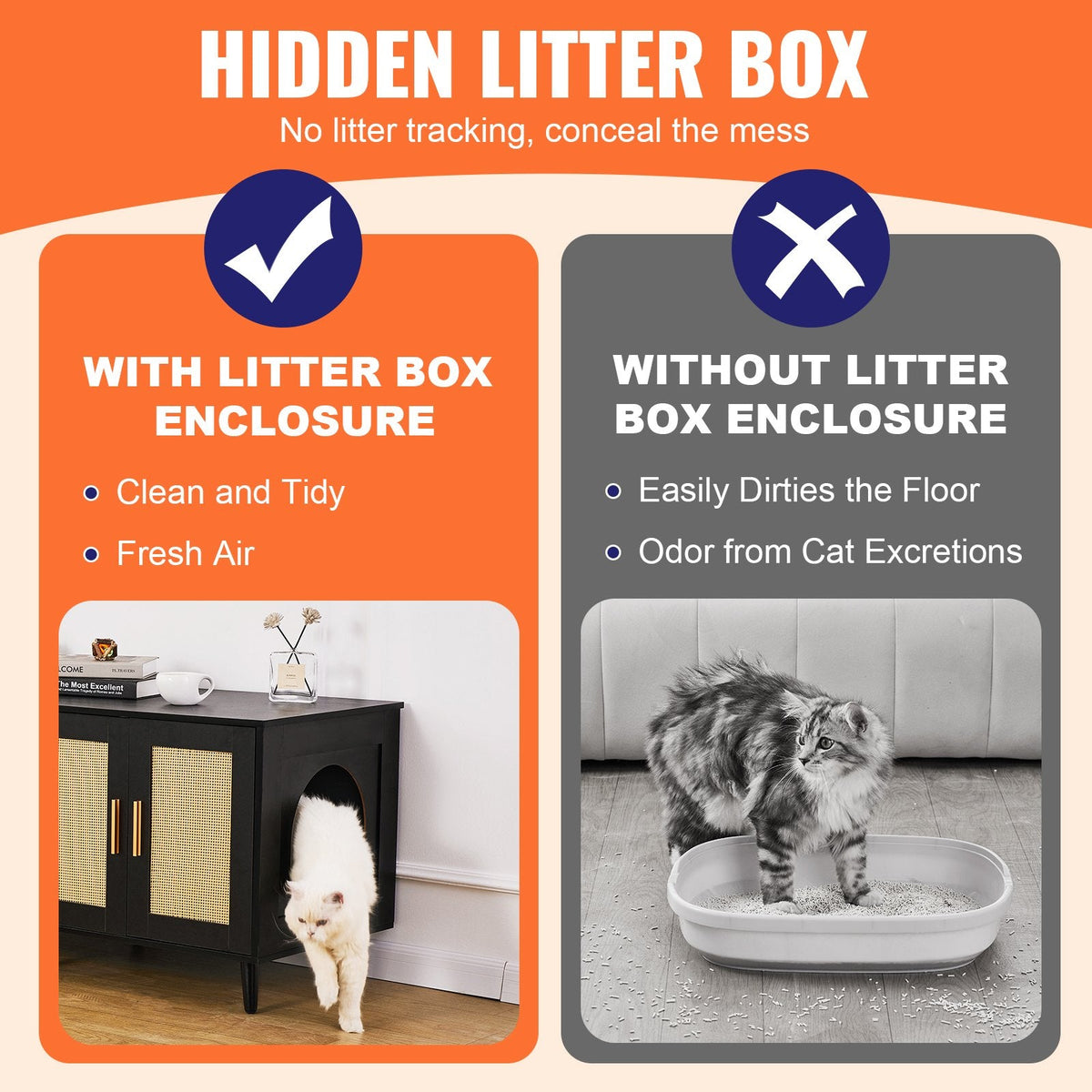 Cat Litter Box Enclosure Wooden Furniture Hidden 2 Rooms Black