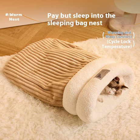Pet Sleeping Bag Winter Warm Soft Plush Semi Enclosed Cat Nest Home