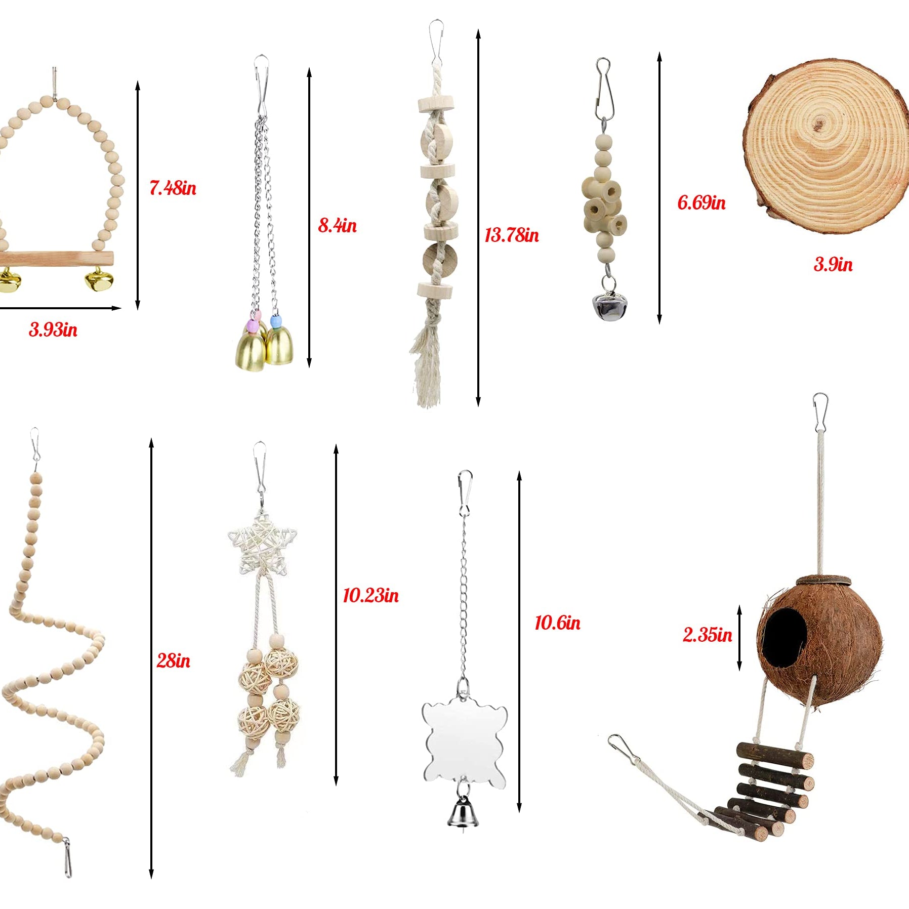 9-piece Parakeet Toys Budgie Bird Cage Accessories Set Natural Wood
