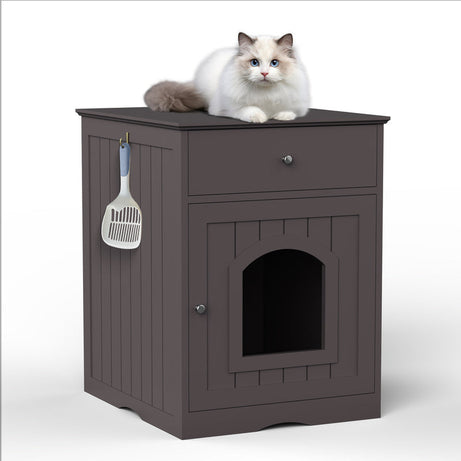 Black Wooden Cat Litter Box Enclosure W Drawer Side Table Indoor