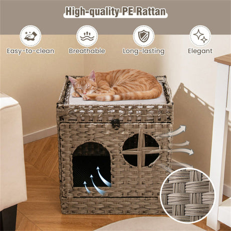 2-tier Wicker Cat Condo With Litter Mat Hidden Box Enclosure