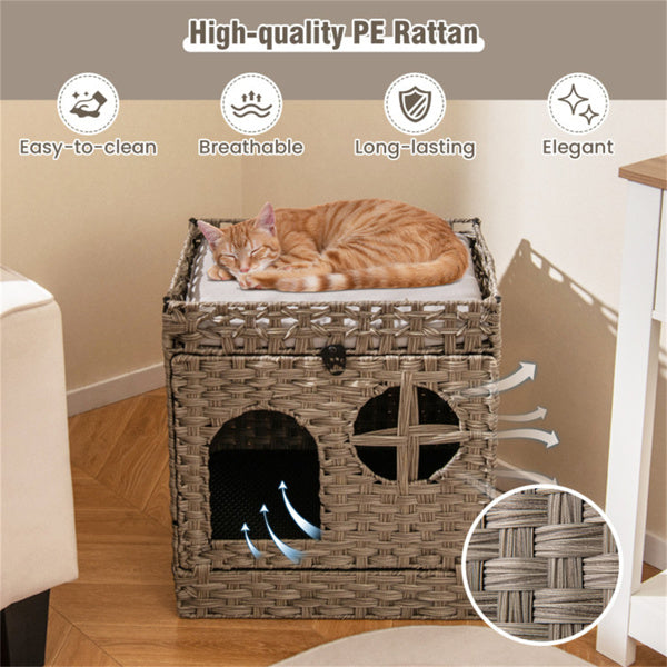 2-tier Wicker Cat Condo With Litter Mat Hidden Box Enclosure