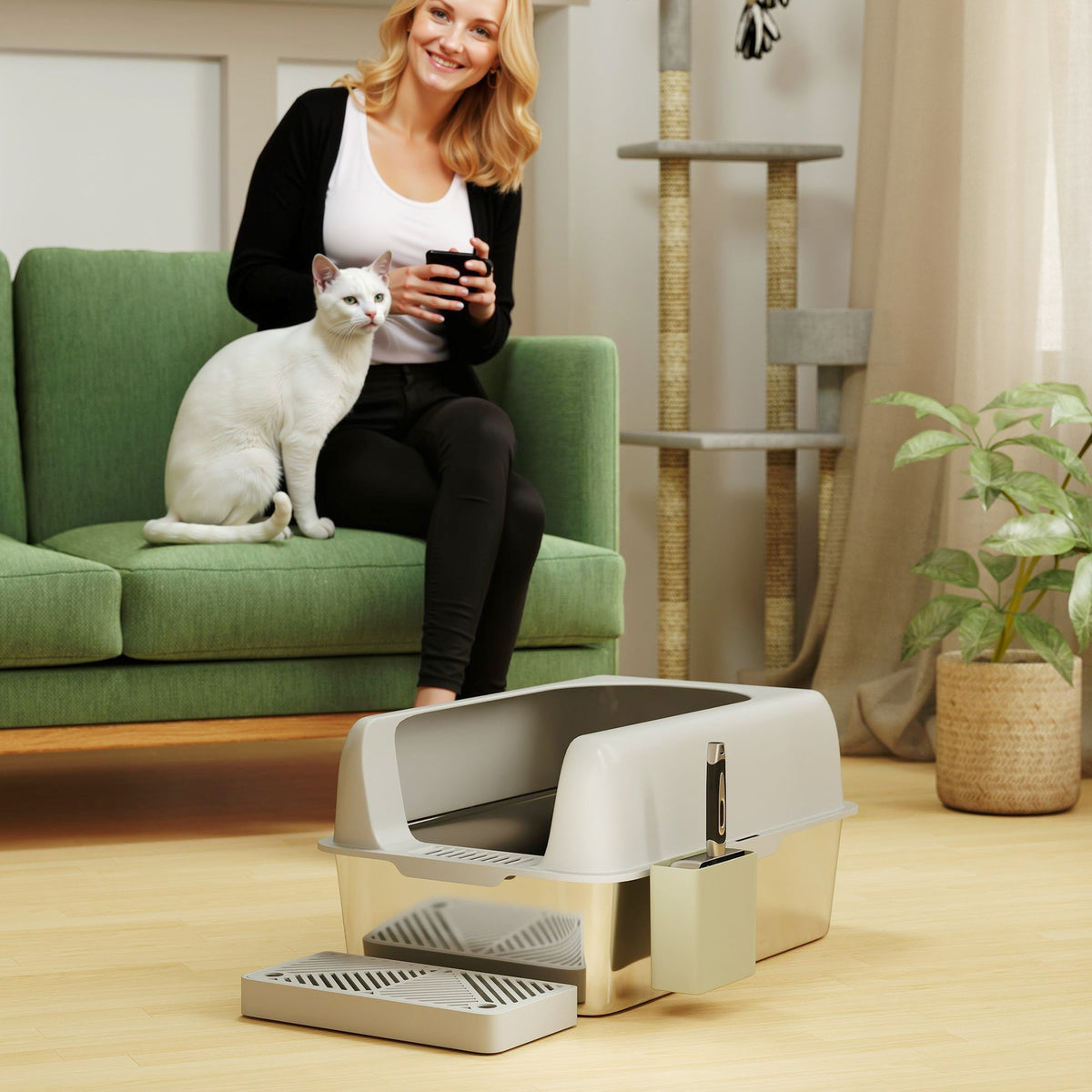 High Sided Stainless Steel Litter Box With Metal Scoop Holder